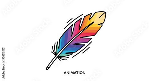 Vibrant rainbow feather with bold black outline depicting motion and artistic animation style