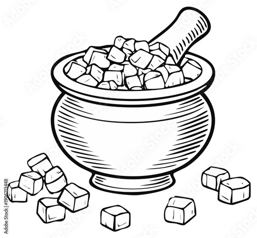 Mortar and Pestle with Pile of Cubes Line Art Illustration Design Element