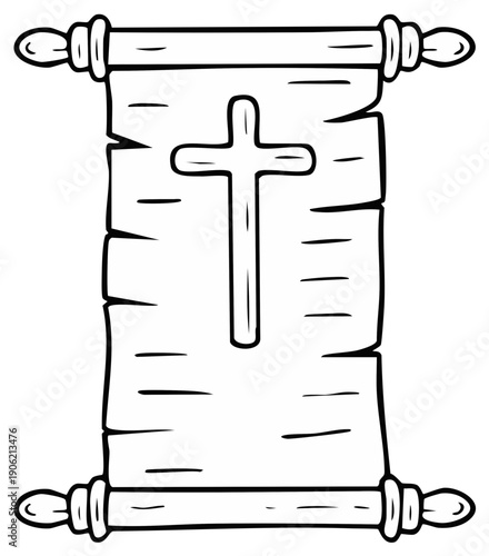 Ancient scroll with a prominent Christian cross symbol drawn by hand