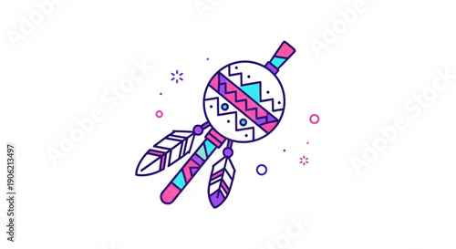 Vibrant bohemian tribal dream catcher icon with geometric patterns and feathers
