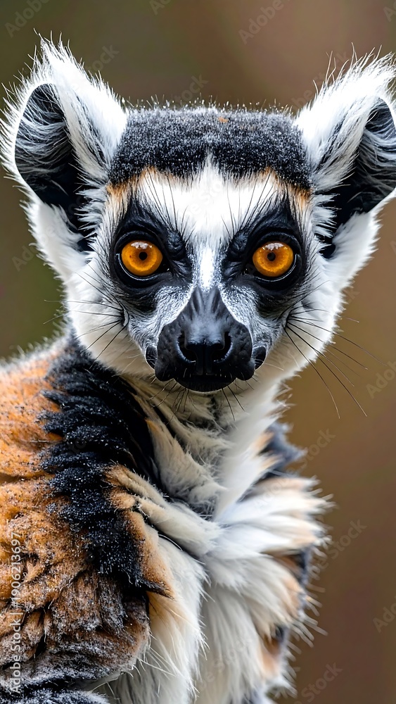 Fototapeta premium Ring-tailed lemur face with orange eyes stares intently into the camera, against a blurred, soft-focus background