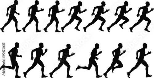 Collection of men's running silhouettes, multiple action poses showing different stages of the run, track and field male athletes, black vector illustration, isolated on white background.