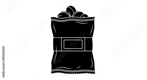A detailed black and white illustration of a bag filled with potatoes displayed on a plain white surface from a front viewpoint