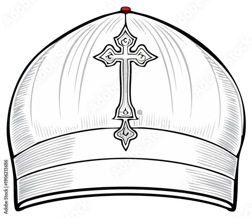 Mitre Traditional Religious Hat with Cross, Vector Drawing of Headwear for Worship or Ceremony
