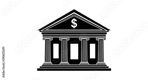 Front view of a classical bank building with columns and a dollar sign on the facade