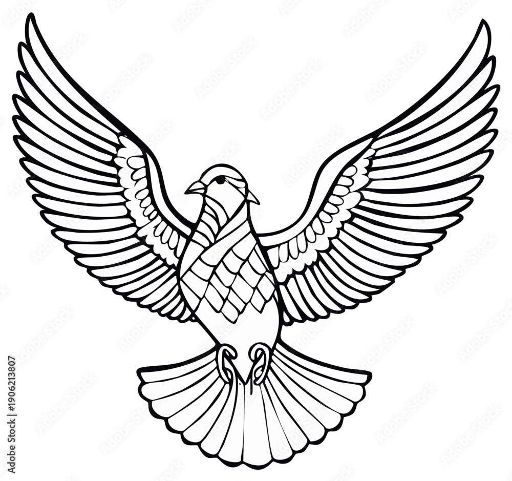 Fototapeta premium Stylized line art of a dove with wings spread wide, symbolizing peace, freedom and hope