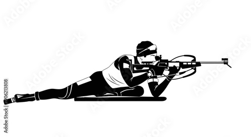 Athlete lying down aiming rifle at target in winter sports competition illustration