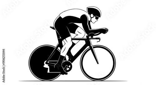 Cyclist riding a bicycle in a competitive race event, illustrated from a dynamic side viewpoint.