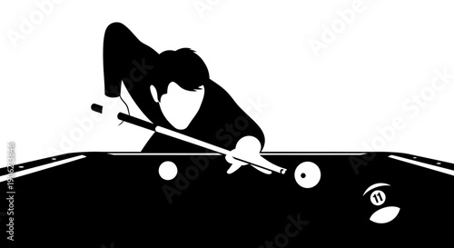 Woman playing pool in a dimly lit recreation center, viewed from the side