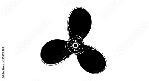 A close-up of a black propeller with three blades and a metallic hub viewed from the front