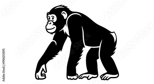A black and white illustration of a chimpanzee standing on all fours and looking to the side in a neutral background from a side viewpoint