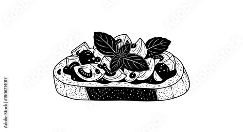 A black and white illustration of a delicious bruschetta topped with fresh basil leaves and cheese on toasted bread