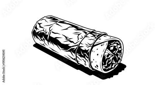 A detailed black and white illustration of a burrito wrapped tightly on a plate viewed from a high angle