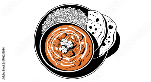 Illustration of a bowl of curry with rice and naan bread, presented on a plate from a top-down view