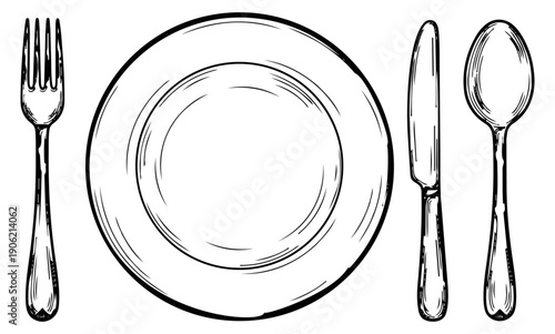 Hand drawn line art dinnerware set featuring a fork, plate, knife, and spoon for restaurant or kitchen design