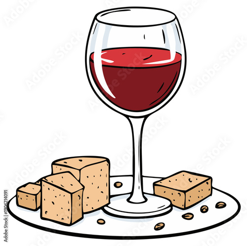 Glass of red wine and cheese appetizer cartoon style illustration