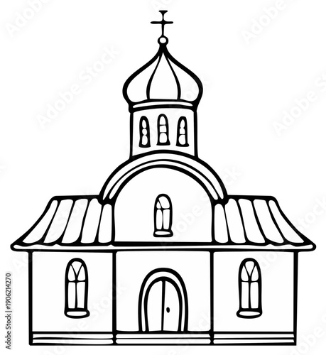 Hand Drawn Outline of an Orthodox Church Building with Dome and Cross