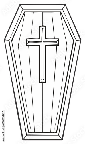 Cartoon Coffin Illustration with a Cross Symbol. Halloween coffin icon with a christian cross, black outline clip art.