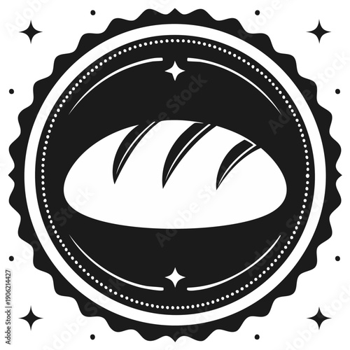 Loaf of Bread Vintage Black and White Stamp Style. Food emblem with Stars. Farm Bakery shop label design.