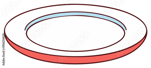 Cartoon Illustration of an Empty White Plate with Red and Light Blue Trim