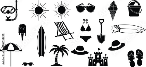 Collection of Black Summer Beach Icons Including Sun Sunglasses Surfboard Palm Tree Sandcastle and Snorkel Silhouettes Isolated on White Background for Tropical Vacation Design