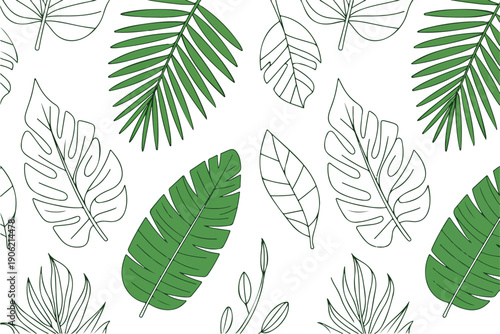 A seamless pattern design of tropical leaves in various shades of green against a white background.