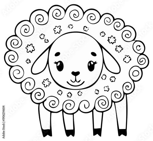 Cute line art sheep with curly wool and floral details simple drawing