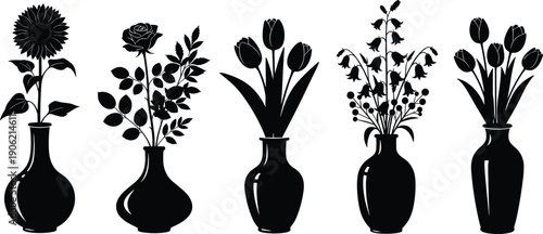 Collection of Black Floral Silhouette Vases with Roses Tulips and Bellflowers Isolated on White Background for Interior Home Decor and Elegant Botanical Graphic Design