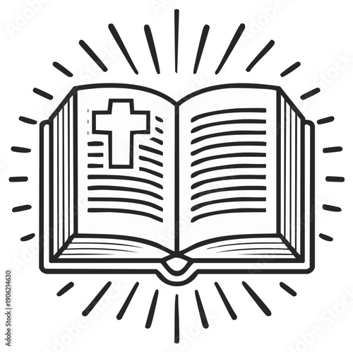 Open Holy Bible Book with Cross and Radiant Light Rays Symbolizing Faith and Spirituality
