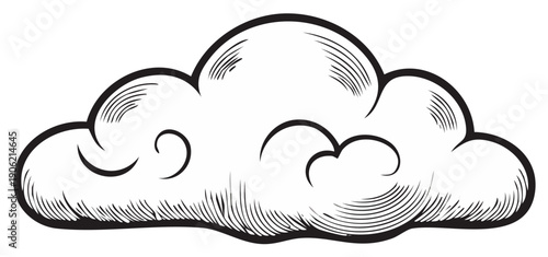 Fluffy Cloud Illustration with Detailed Hatching, Sketch Style Weather Icon, Isolated