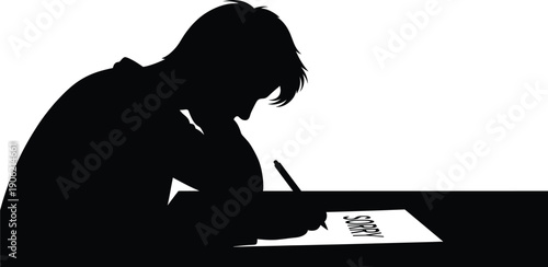 Student Writing Exam Illustration with Silhouette Person Studying at Desk Handwriting Answer Sheet and Academic Test Preparation Concept for Education and Learning Design