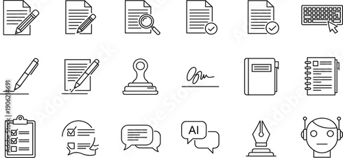 Document Editing and Writing Line Icon Set with File Review Approval Signature AI Chat and Office Workflow Symbols for Web UI UX and Digital Productivity Design