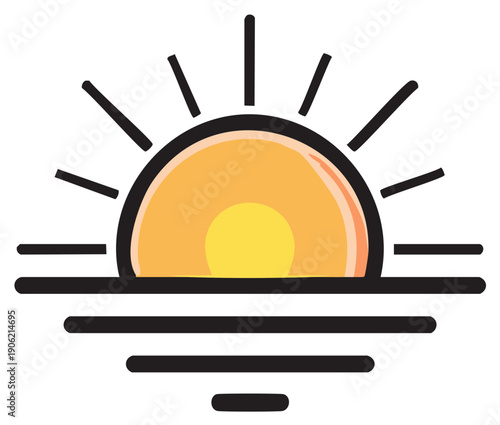 Simple graphic of rising sun over water with sun rays and horizon design in minimalist style