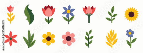 colorful array of stylized floral and leaf icons on a white