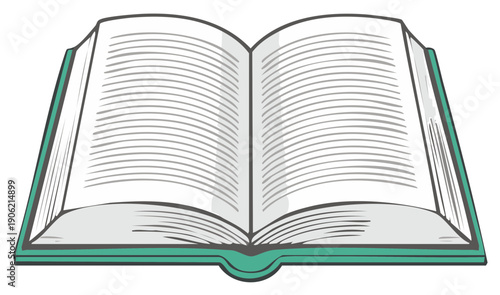 Open book, with lined pages, turquoise cover, vector illustration.