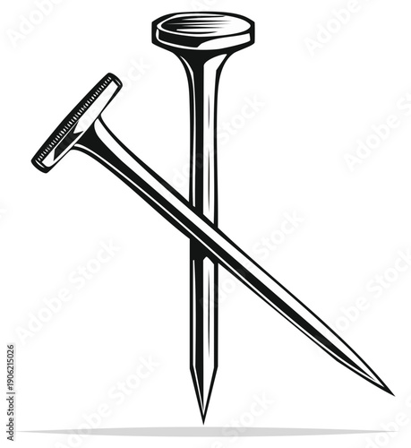 Two metal nails, illustration, construction and carpentry tools