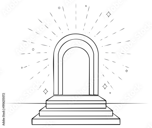 Portal outline drawing with stairs to the opening and shining light bursts