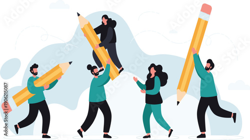 Creative Teamwork Concept Illustration with People Holding Pencils, Collaboration and Idea Development Flat Design