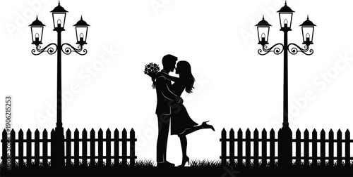 Romantic Couple Silhouette Embracing in Park Near Street Lamps and Garden Fence Isolated on White Background for Valentines Day Date and Love Story Design