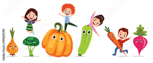  funny cartoon characters cute vegetables and kids vector set