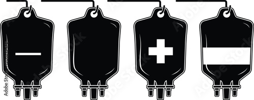 Medical IV drip bag icons set in black silhouette style, intravenous infusion symbols with plus and minus signs, healthcare vector illustration for hospital and clinic design