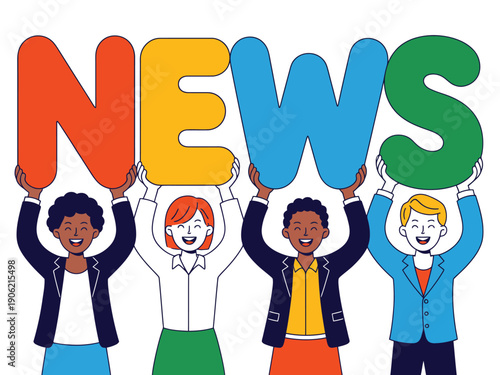 A diverse group of people holding up colorful letters to spell out the word news in a fun and playful way.