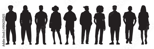 ten diverse people silhouettes standing in a row full body