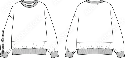 Minimalist sweatshirt technical flat sketch showing front and back views, long sleeves, ribbed cuffs and hem, casual apparel template for fashion design and clothing production
