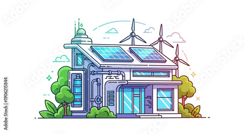 Modern eco-friendly smart home illustration showcasing renewable energy solutions and sustainable