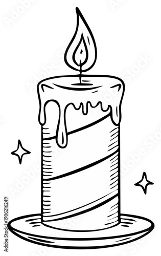 Burning candle illustration with dripping wax and star elements.