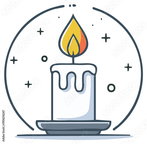 Cartoon candle burning with flame, circular background, illustration.