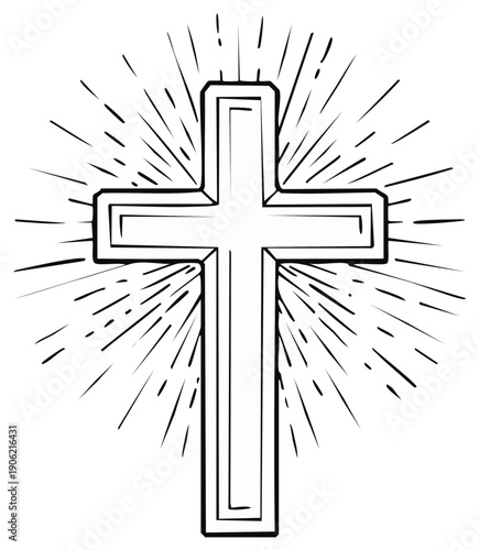 Outline of a Christian cross with radiating sunburst lines, representing faith, hope, and spiritual devotion