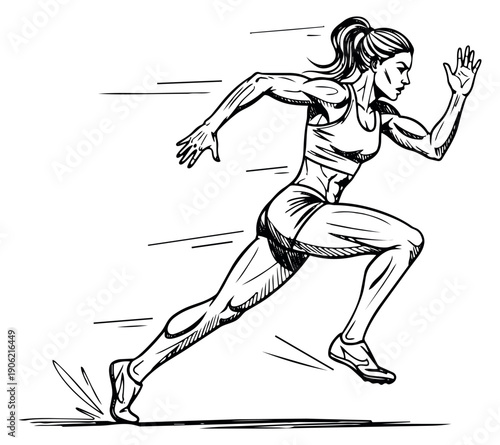 Hand drawn line art illustration of a woman runner depicting sprinting for sport and exercise