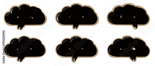 Colección de iconos de nubes negras brillantes con ojos pequeños y estilo de gel transparente para mensajes y comunicación digital moderna.
